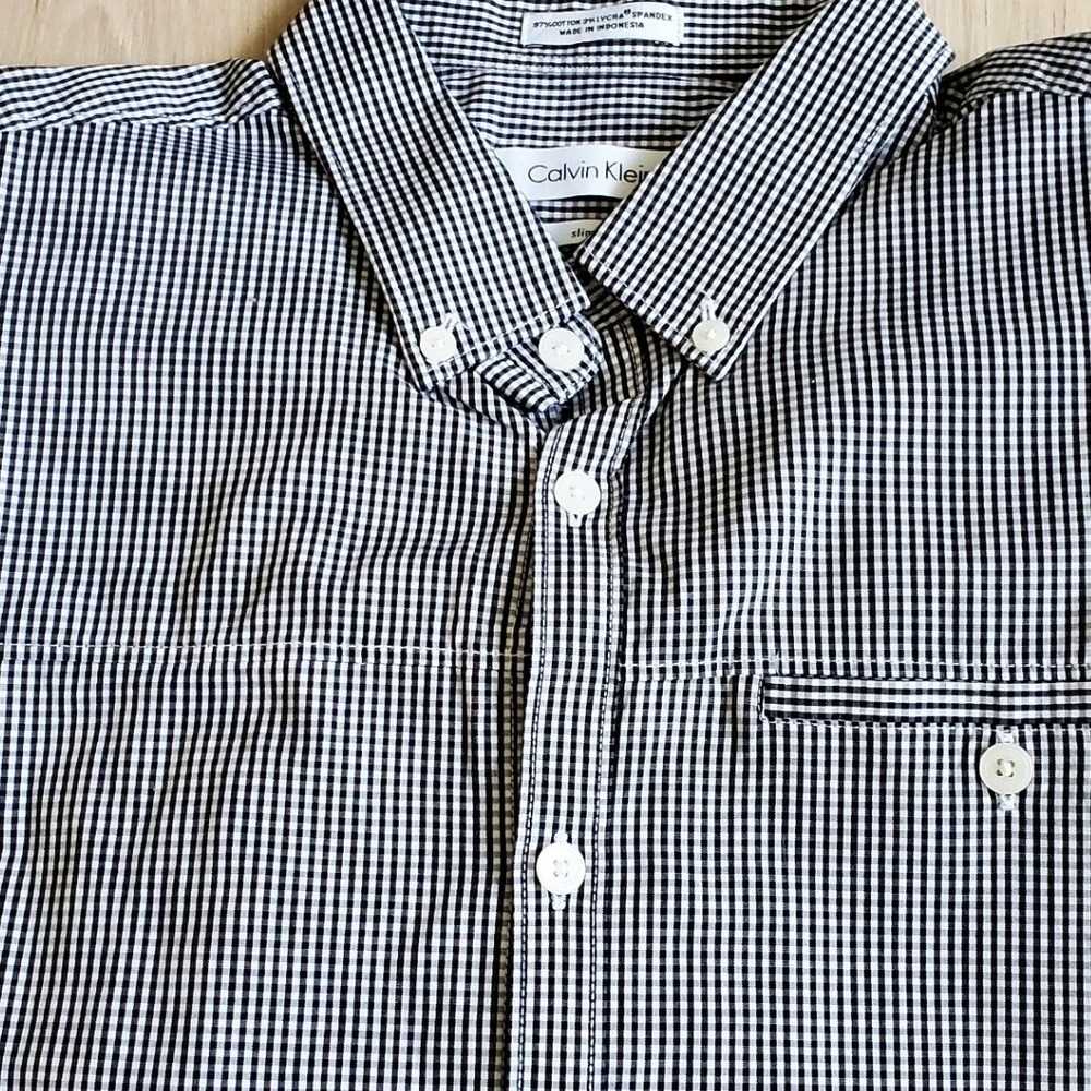 Calvin Klein Shirt Mens Medium Black Gingham Slim Fit Stretch Button Down Preppy